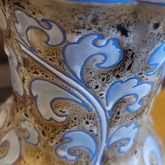 Mann Pottery 12in Vase Blue Brown Scroll Embossed Hexagon Floral - Picture 3 of 4